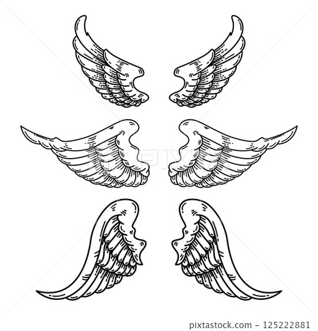 Set of illustration of a pair of wings in black and white, done in a tattoo-style. Angel wings. illustration of bird wings. Set of illustration of a pair of wings in black and white, done in a tattoo-style. Angel wings. illustration of bird wings. 125222881