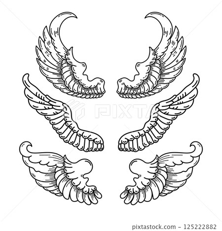 Set of illustration of a pair of wings in black and white, done in a tattoo-style. Angel wings. illustration of bird wings. Set of illustration of a pair of wings in black and white, done in a tattoo-style. Angel wings. illustration of bird wings. 125222882