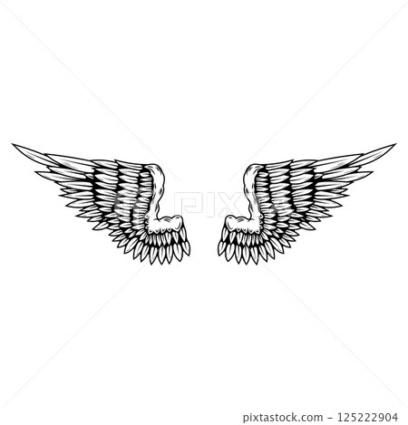 illustration of a pair of wings in black and white, done in a tattoo-style. Angel wings. illustration of bird wings. 125222904