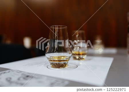 Elegant whiskey glasses gleam in a sophisticated bar setting 125222971