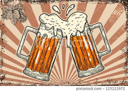 Vintage poster template with two toasting beer mugs. Vintage beer mugs. For poster, menu, banner. 125222972