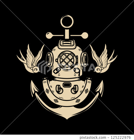 Vintage diver helmet with anchor and swallows. Nautical sailor helmet with anchor. Sailor emblem. Design element 125222976