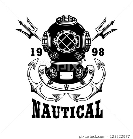 Vintage diver helmet with anchor and tridents. Nautical dive helmet with anchor. Sailor emblem. Design element 125222977