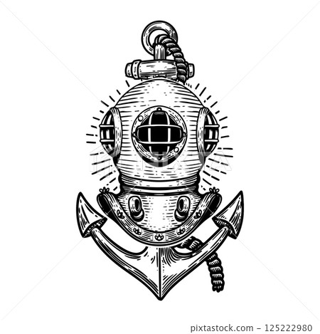 Vintage diver helmet with anchor. Nautical dive helmet with anchor. Design element Vintage diver helmet with anchor. Nautical dive helmet with anchor. Design element 125222980