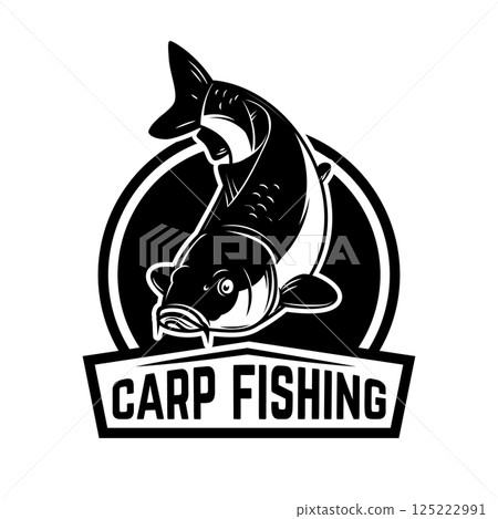 Set of carp fishing emblems in monochrome style. Carp fish logo, label, sign, poster, badge. 125222991