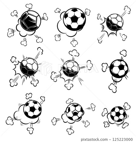 Set of football, soccer balls with motion trails in comic style. Design element for poster, banner, flyer, card. 125223000