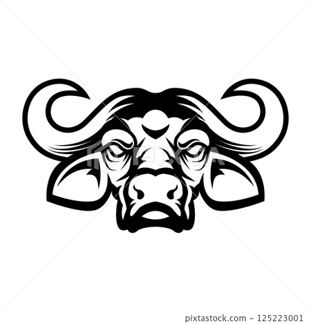 Angry african buffalo head. African buffalo Mascot Head. Design element for logo, label, sign, badge. 125223001