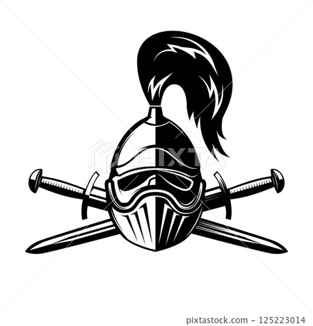 Knight helmet with crossed swords. Warrior helmet with swords. Design element 125223014