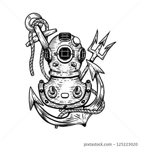 Vintage diver helmet with anchor. Nautical dive helmet with anchor. Design element Vintage diver helmet with anchor. Nautical dive helmet with anchor. Design element 125223020