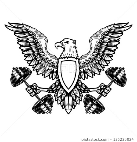 Eagle holding a barbell. Gym mascot. Design element for logo, label, sign, emblem. Vector illustration Eagle holding a barbell. Gym mascot. Design element for logo, label, sign, emblem. Vector illustration 125223024