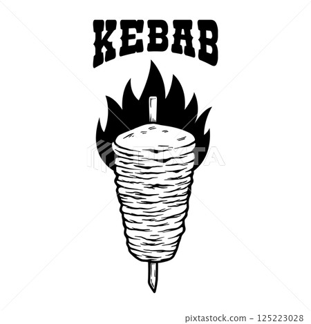Hand-drawn black and white illustration of a kebab. Perfect for menus, restaurant branding, and food-related designs Hand-drawn black and white illustration of a kebab. Perfect for menus, restaurant branding, and food-related designs 125223028