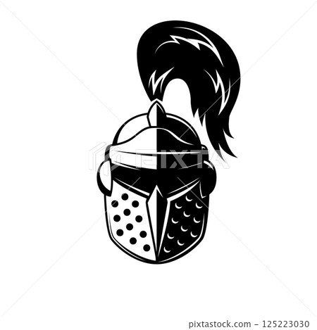 Black and white illustration of knight helmet. Warrior helmet. Design element Black and white illustration of knight helmet. Warrior helmet. Design element 125223030