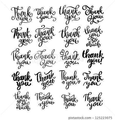 Set of black and white hand-lettered phrases saying "Thank You!" in various styles and designs. Perfect for expressing gratitude in a variety of contexts Set of black and white hand-lettered phrases saying "Thank You!" in various styles and designs. Perfect for expressing gratitude in a variety of contexts 125223075