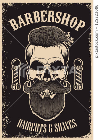 Vintage style barbershop poster with a bearded skull illustration. Perfect for adding a touch of nostalgia and charm to your space Vintage style barbershop poster with a bearded skull illustration. Perfect for adding a touch of nostalgia and charm to your space 125223086