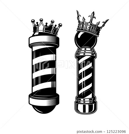 Barber pole with king crown. Design element for logo, label, sign, emblem. Vector illustration 125223096