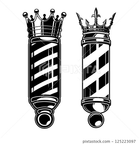 Barber pole with king crown. Design element for logo, label, sign, emblem. Vector illustration Barber pole with king crown. Design element for logo, label, sign, emblem. Vector illustration 125223097