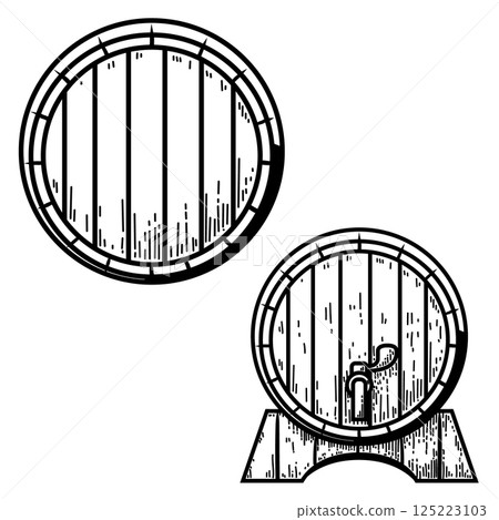 Illustration of vintage wooden barrel. Whiskey wooden barrel. For menu, emblem, sign, poster. Illustration of vintage wooden barrel. Whiskey wooden barrel. For menu, emblem, sign, poster. 125223103