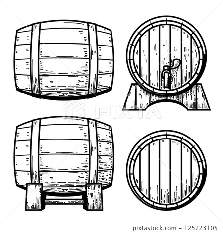 Illustration of vintage wooden barrel. Whiskey wooden barrel. For menu, emblem, sign, poster. 125223105