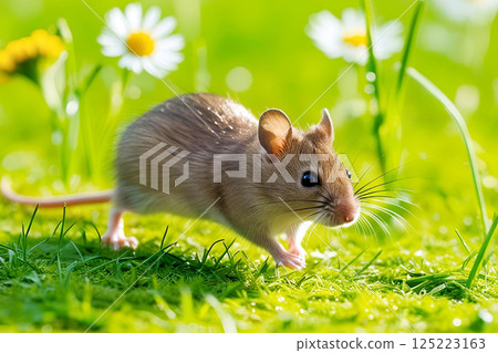 A Japanese field mouse running through the spring grass 125223163