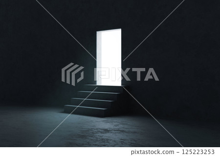Stairs from darkness leading to light door symbolizing hope and motivation. 125223253