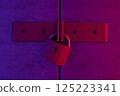 Padlock locked on iron metal gate illuminated by neon lights. 3d illustration. 125223341