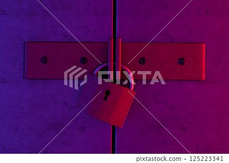 Padlock locked on iron metal gate illuminated by neon lights. 3d illustration. Padlock locked on iron metal gate illuminated by neon lights. 3d illustration. 125223341