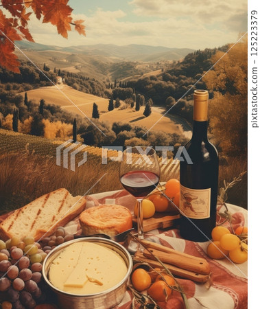 Vintage Italian landscape poster capturing the essence of La Dolce Vita, with romantic tones, classic architecture, and coastal or countryside scenery. 125223379