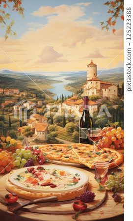 Vintage Italian landscape poster capturing the essence of La Dolce Vita, with romantic tones, classic architecture, and coastal or countryside scenery. Vintage Italian landscape poster capturing the essence of La Dolce Vita, with romantic tones, classic architecture, and coastal or countryside scenery. 125223388