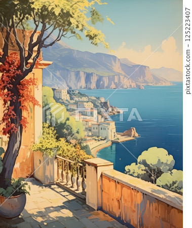 Vintage Italian landscape poster capturing the essence of La Dolce Vita, with romantic tones, classic architecture, and coastal or countryside scenery. Vintage Italian landscape poster capturing the essence of La Dolce Vita, with romantic tones, classic architecture, and coastal or countryside scenery. 125223407