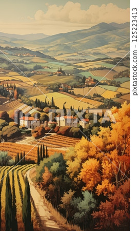 Vintage Italian landscape poster capturing the essence of La Dolce Vita, with romantic tones, classic architecture, and coastal or countryside scenery. 125223413