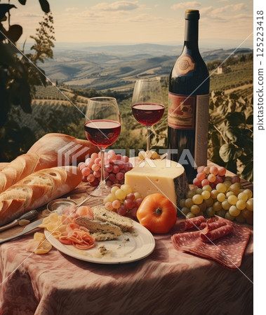 Vintage Italian landscape poster capturing the essence of La Dolce Vita, with romantic tones, classic architecture, and coastal or countryside scenery. 125223418