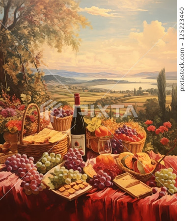 Vintage Italian landscape poster capturing the essence of La Dolce Vita, with romantic tones, classic architecture, and coastal or countryside scenery. 125223440