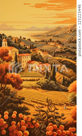 Vintage Italian landscape poster capturing the essence of La Dolce Vita, with romantic tones, classic architecture, and coastal or countryside scenery. 125223446