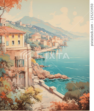 Vintage Italian landscape poster capturing the essence of La Dolce Vita, with romantic tones, classic architecture, and coastal or countryside scenery. 125223450