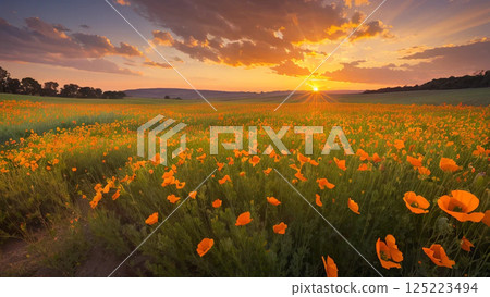 Tulip fields illuminated by the morning sun 125223494