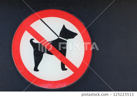 A sign that clearly states No Dogs Allowed featuring a symbol of a leash for emphasis A sign that clearly states No Dogs Allowed featuring a symbol of a leash for emphasis 125223513