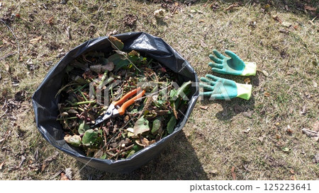 Gardening Tools and a Waste Container Positioned Harmoniously in a Natural Outdoor Setting Gardening Tools and a Waste Container Positioned Harmoniously in a Natural Outdoor Setting 125223641