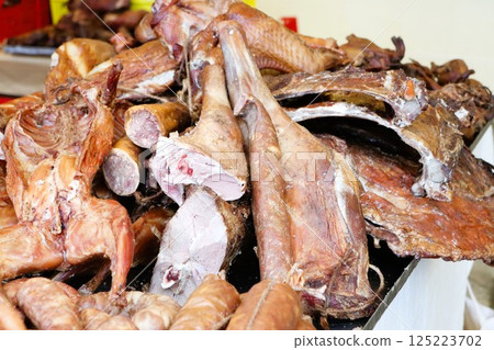 A Wide Array of Dried and Cured Meats Beautifully Displayed in the Local Market Setting A Wide Array of Dried and Cured Meats Beautifully Displayed in the Local Market Setting 125223702
