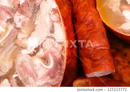 Traditional Food Ingredients Jellied Meat and Sausages, a savory culinary delight Traditional Food Ingredients Jellied Meat and Sausages, a savory culinary delight 125223772