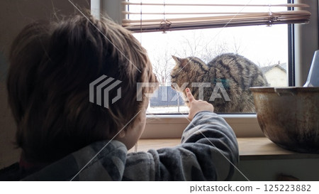 A Childs Delightful Encounter with an Adorable Cat through the Window on a Sunny Day A Childs Delightful Encounter with an Adorable Cat through the Window on a Sunny Day 125223882