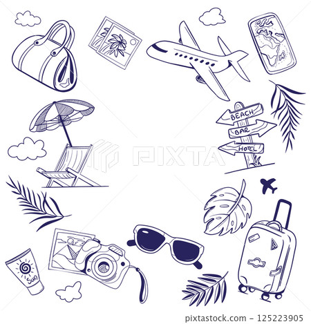 Hello Summer concept background. Collection of hand drawn summer, vacation and travel icons in doodle naive style. Vector illustration of summer travel vacation concept. 125223905