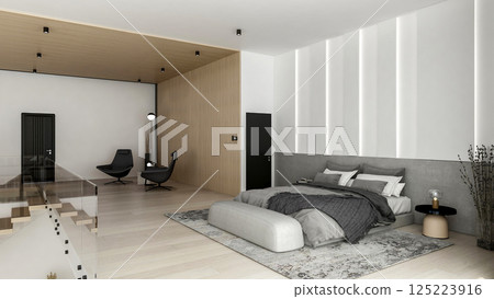 Modern Minimalist Bedroom Interior with City View and Cozy Interior Design, 3D Rendering 125223916