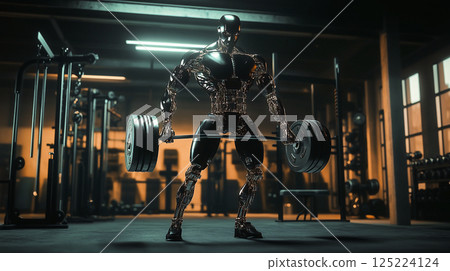 A futuristic cyborg, built with a metallic endoskeleton, lifts weights in a modern industrial-style gym. It displays exceptional strength and power. This is AI-generated item 125224124