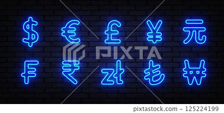 Neon currency symbol set featuring dollar, euro, pound, yen, yuan and other. Vector Illustration. 125224199