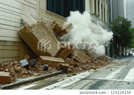 Urban building collapse caused by structural failure with debris in city street 125224230