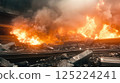 Burning wreckage and flames engulfing train tracks in fiery destruction 125224241