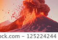 Volcanic eruption with lava, ash, and rocky debris under a clear sky 125224244