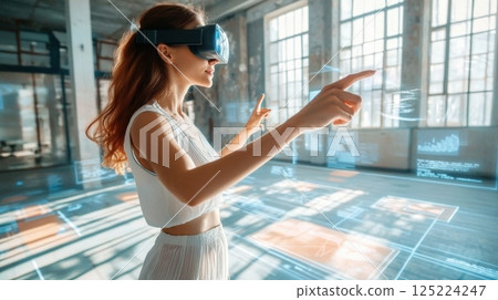 Woman exploring virtual interface with VR technology in a modern workspace 125224247