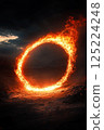 Burning fiery circle under dark cloudy sky with glowing embers 125224248