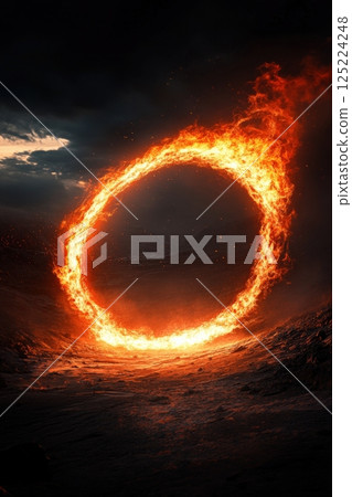 Burning fiery circle under dark cloudy sky with glowing embers Burning fiery circle under dark cloudy sky with glowing embers 125224248